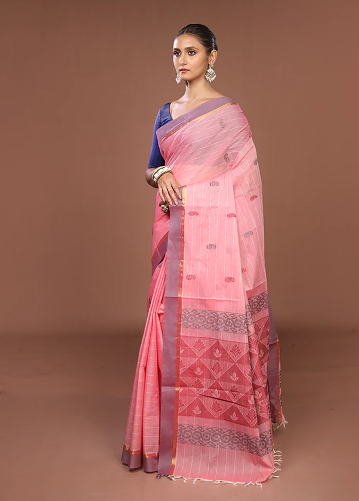 Pink Cotton Saree With Blouse Piece - Image 4