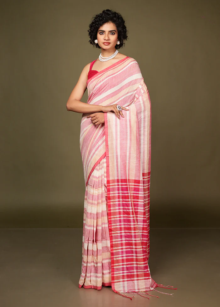 Pink Cotton Saree Without Blouse Piece - Image 2