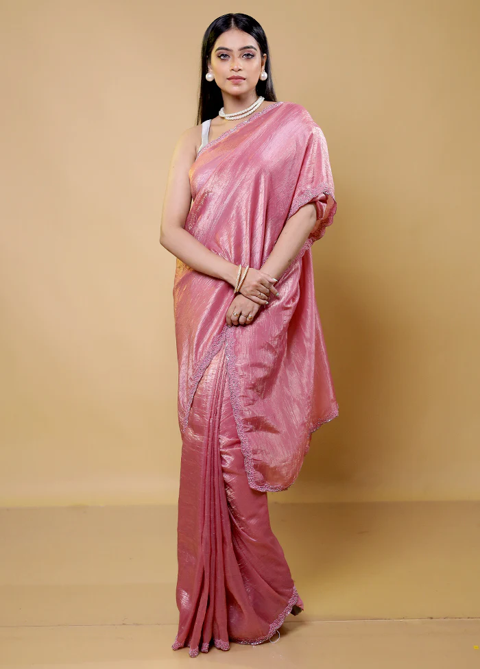 Pink Crushed Tissue Silk Saree With Blouse Piece - Image 2