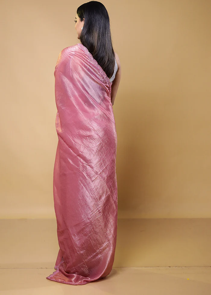 Pink Crushed Tissue Silk Saree With Blouse Piece - Image 3