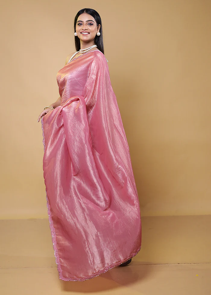 Pink Crushed Tissue Silk Saree With Blouse Piece - Image 4