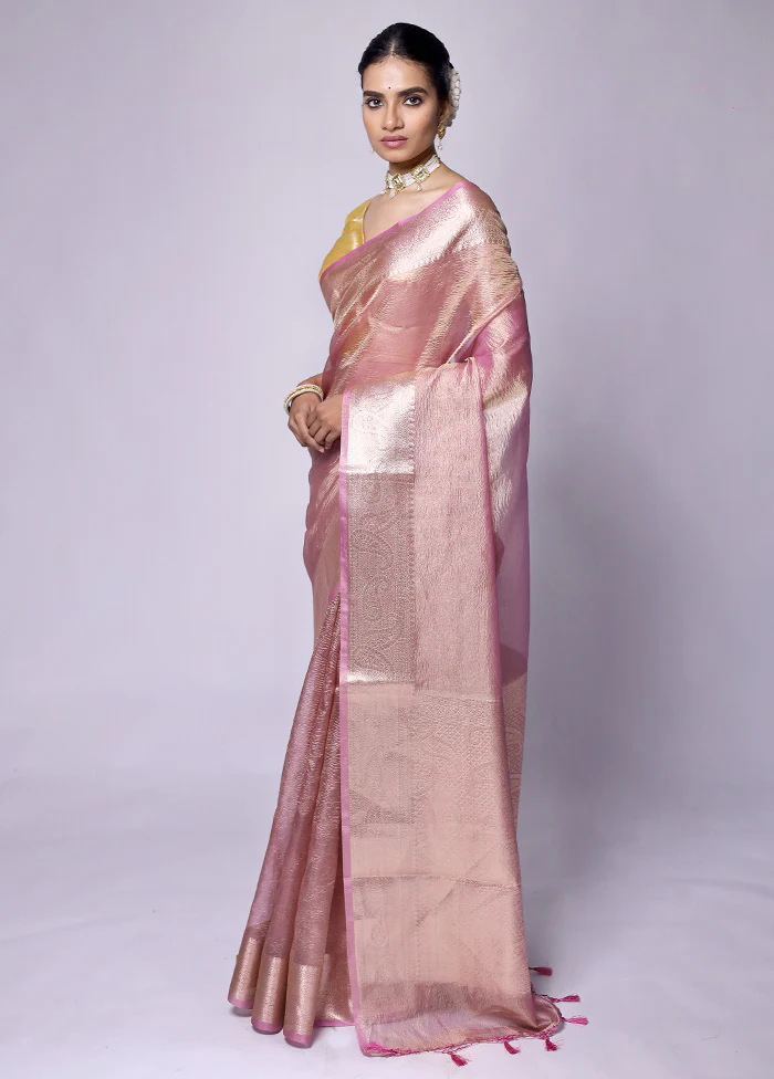 Pink Crushed Tissue Silk Saree With Blouse Piece - Image 4