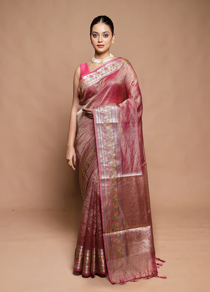 Pink Crushed Tissue Silk Saree With Blouse Piece