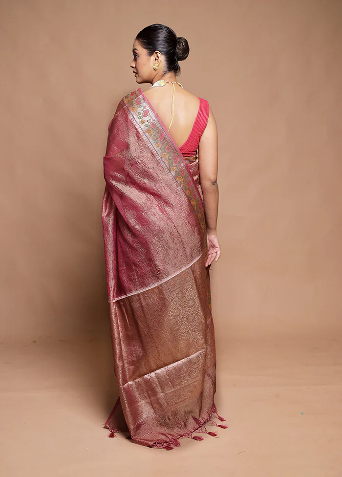 Pink Crushed Tissue Silk Saree With Blouse Piece - Image 3