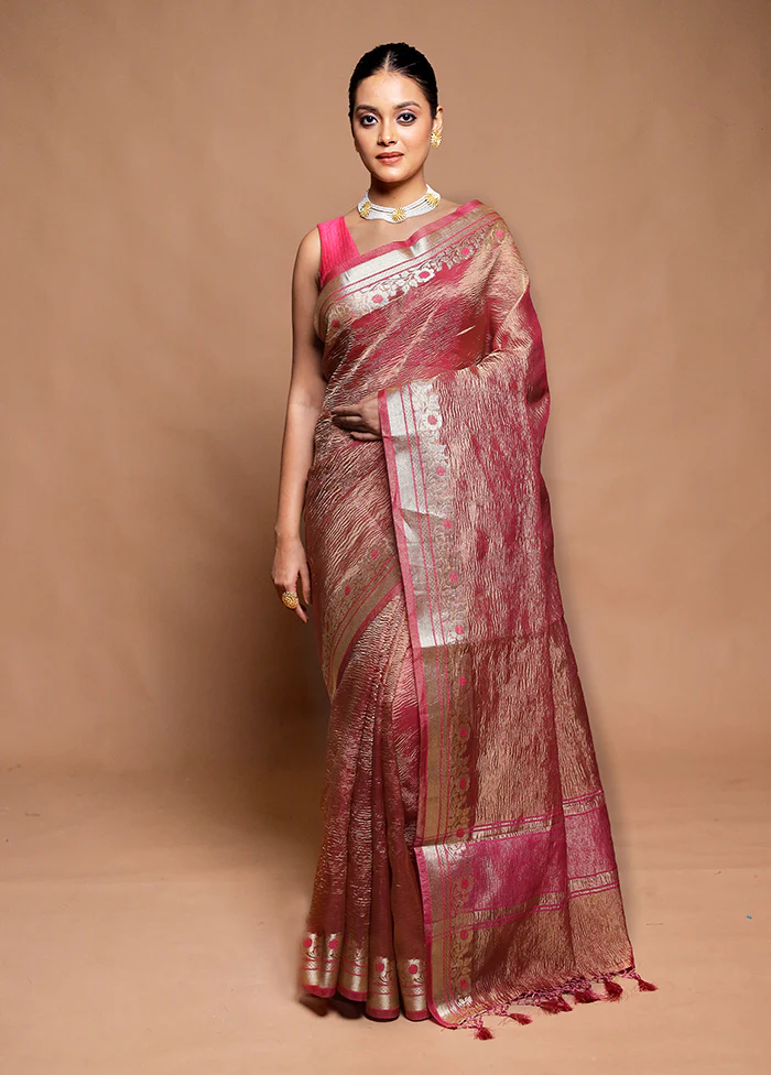 Pink Crushed Tissue Silk Saree With Blouse Piece