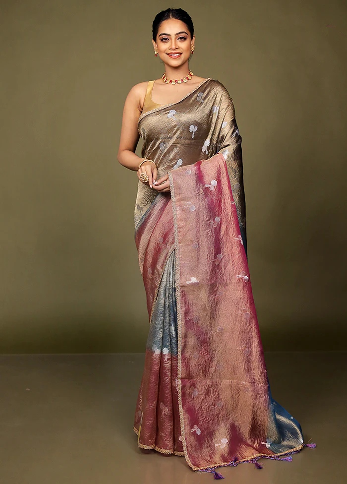 Pink Crushed Tissue Silk Saree With Blouse Piece - Image 2