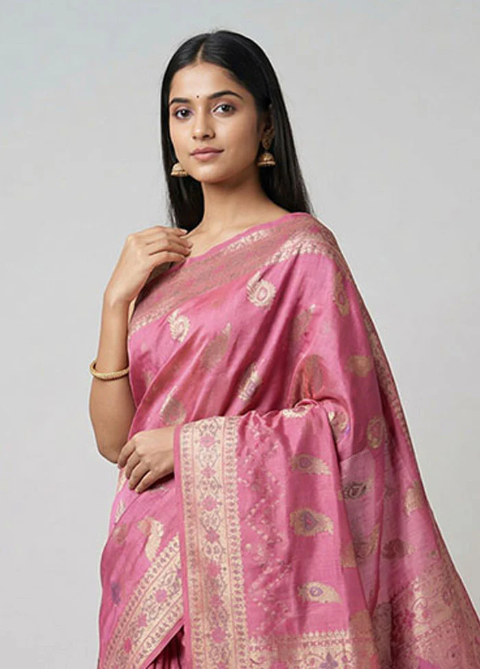 Pink Dupion Silk Saree With Blouse Piece - Image 2