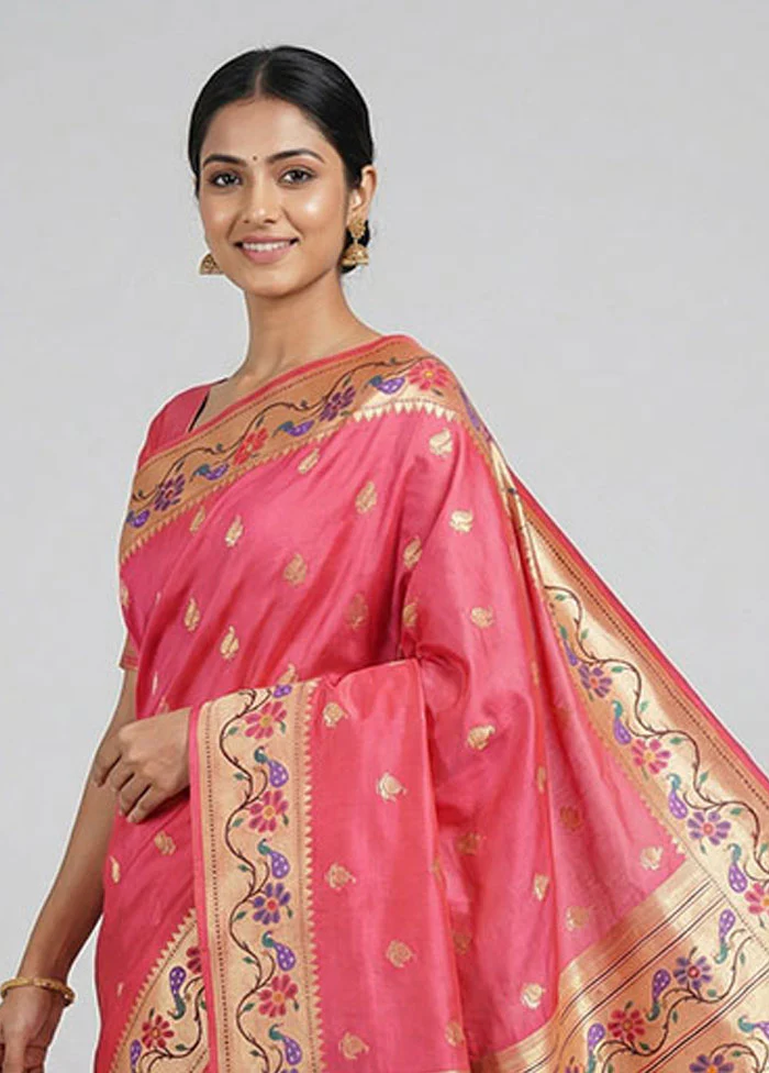 Pink Dupion Silk Saree With Blouse Piece - Image 2