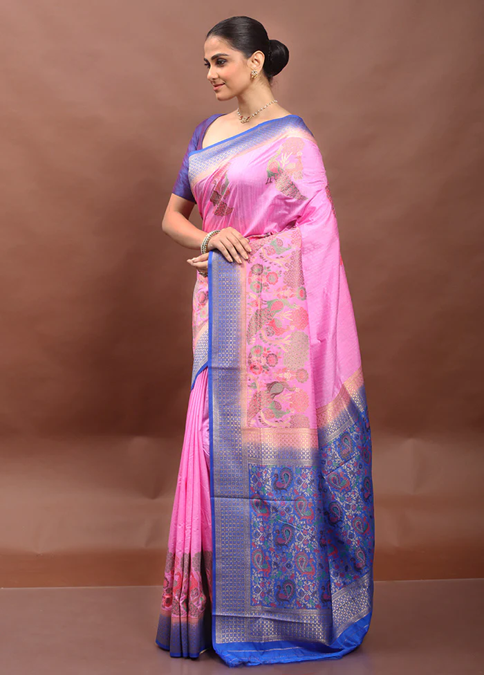 Pink Dupion Silk Saree With Blouse Piece - Image 4