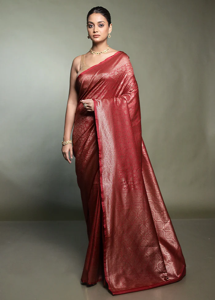 Maroon Dupion Silk Saree With Blouse Piece - Image 2