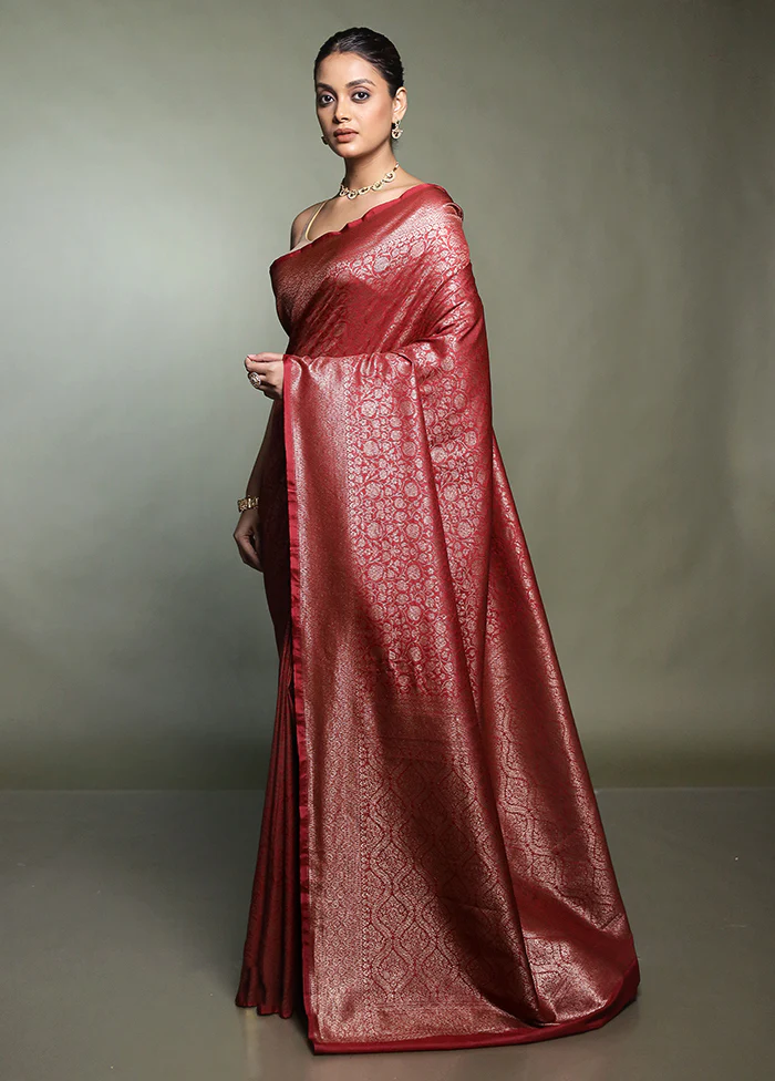 Maroon Dupion Silk Saree With Blouse Piece - Image 4