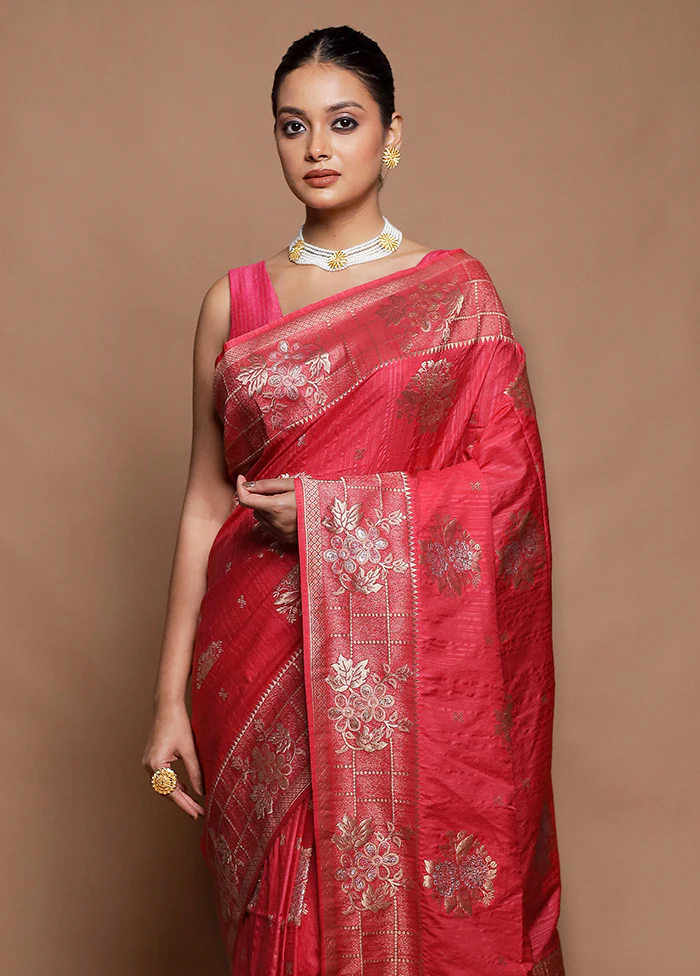 Pink Dupion Silk Saree With Blouse Piece - Image 2