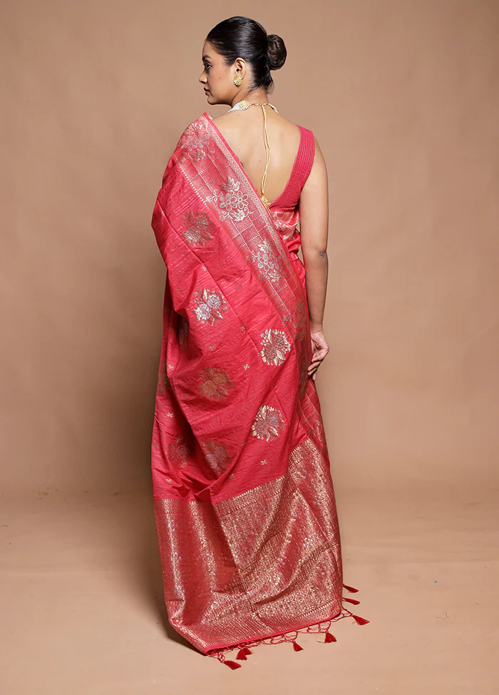 Pink Dupion Silk Saree With Blouse Piece - Image 3