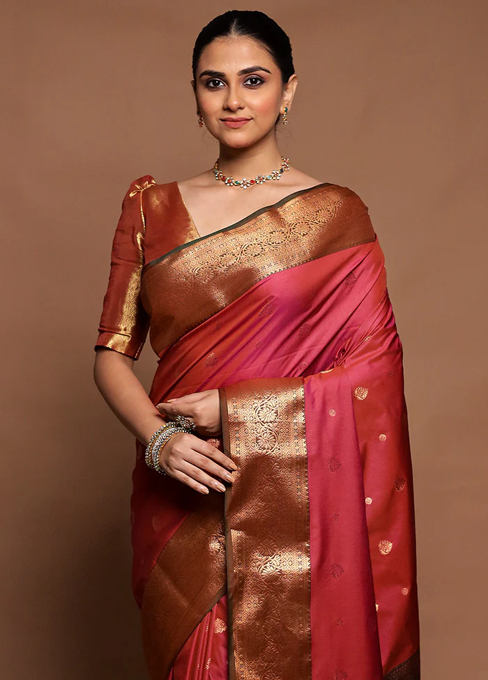 Pink Dupion Silk Saree With Blouse Piece - Image 2