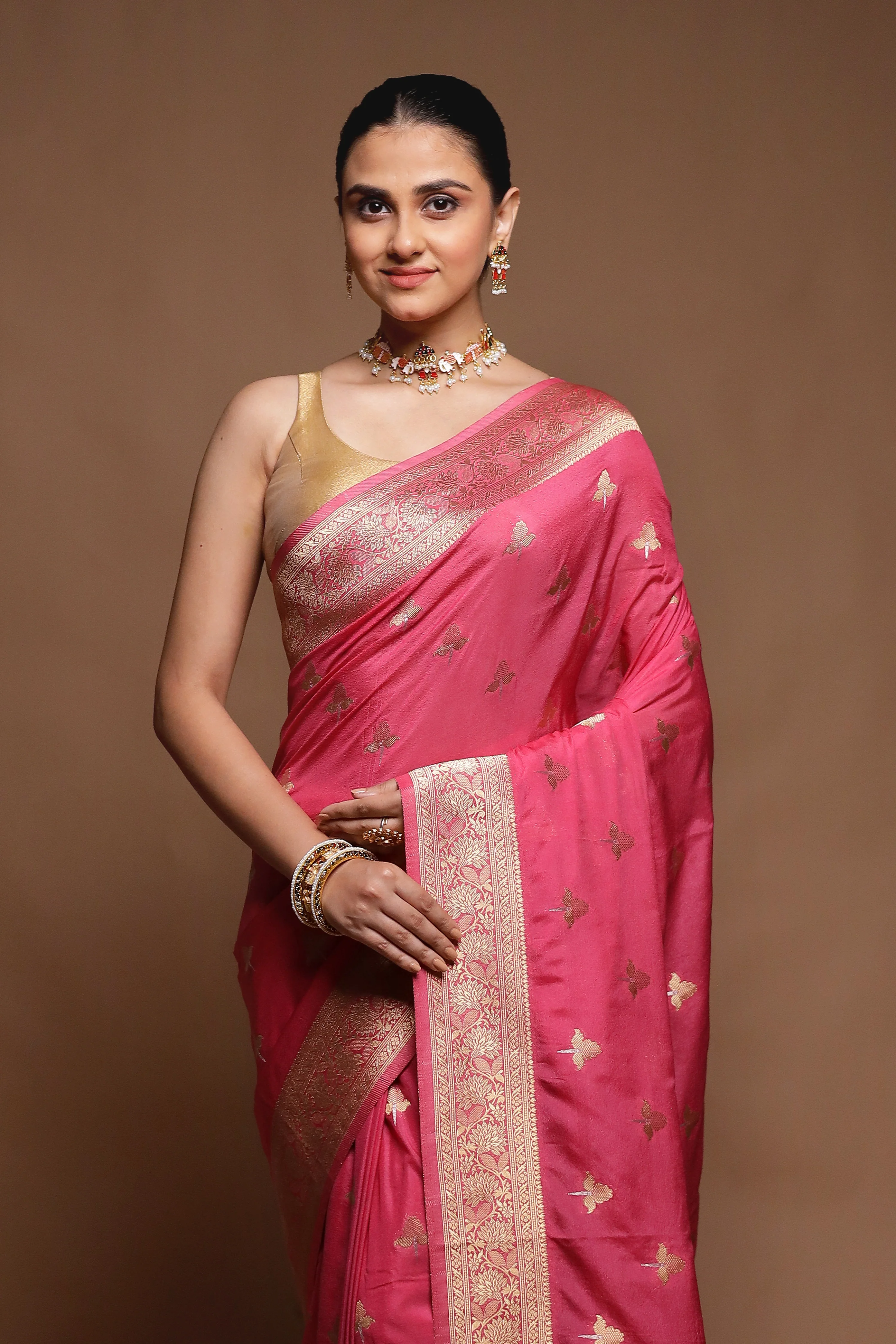 Pink Dupion Silk Saree With Blouse Piece - Image 2
