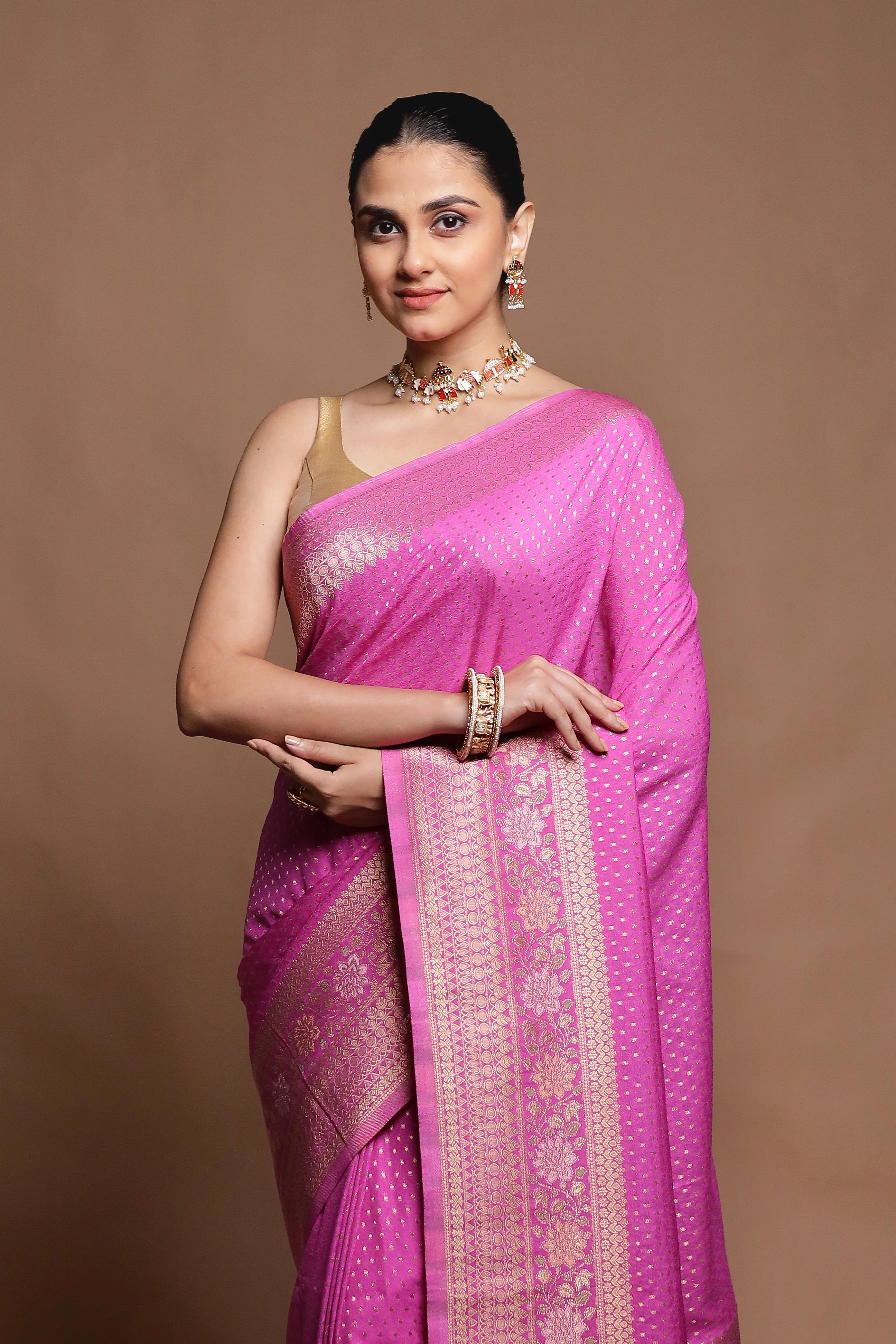 Pink Dupion Silk Saree With Blouse Piece - Image 2