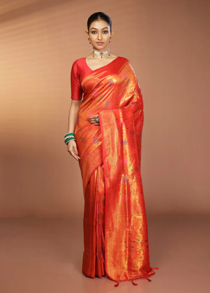 Orange Dupion Silk Saree With Blouse Piece - Image 2