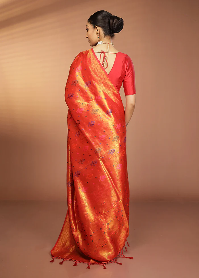 Orange Dupion Silk Saree With Blouse Piece - Image 3