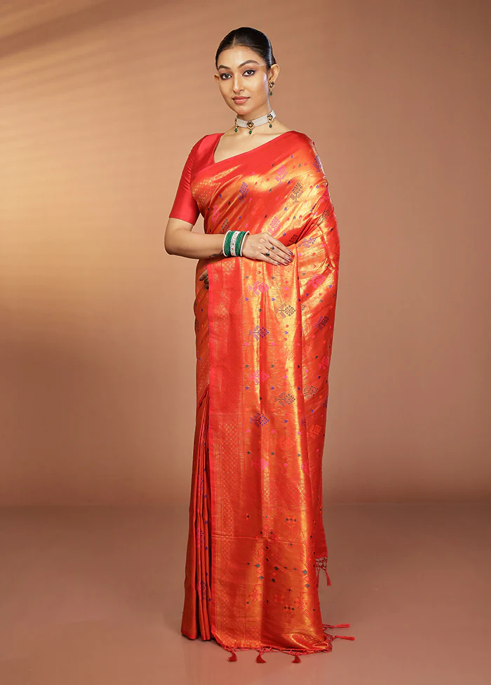 Orange Dupion Silk Saree With Blouse Piece - Image 4