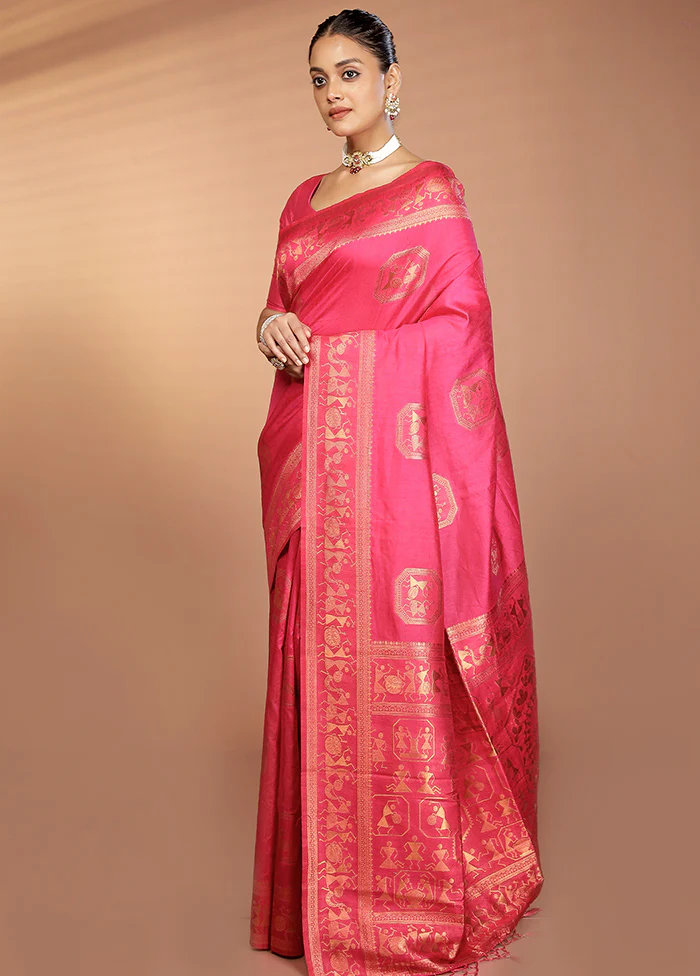Pink Dupion Silk Saree With Blouse Piece - Image 4
