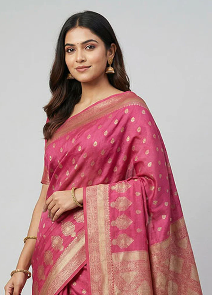 Pink Dupion Silk Saree With Blouse Piece - Image 2