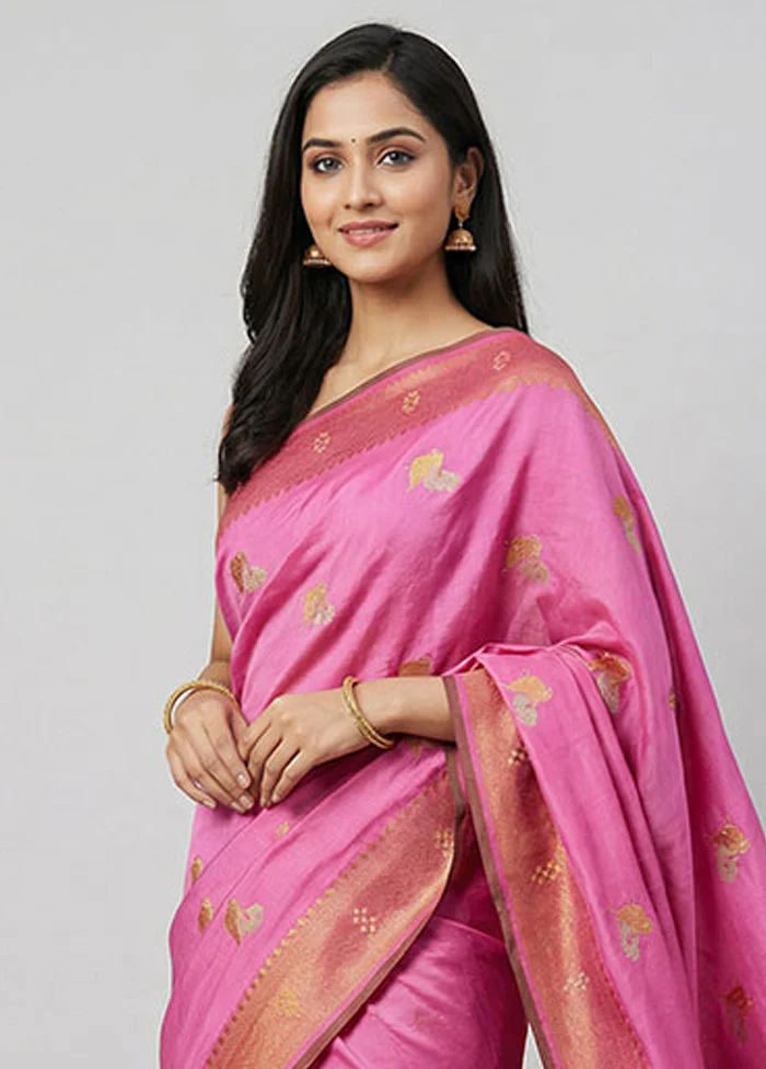 Pink Dupion Silk Saree With Blouse Piece - Image 2