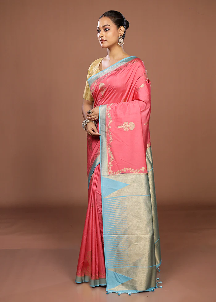 Pink Dupion Silk Saree With Blouse Piece - Image 4