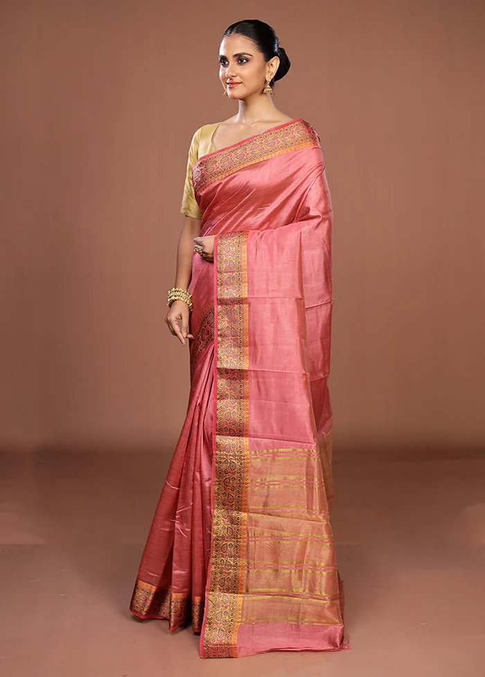 Pink Dupion Silk Saree With Blouse Piece - Image 4