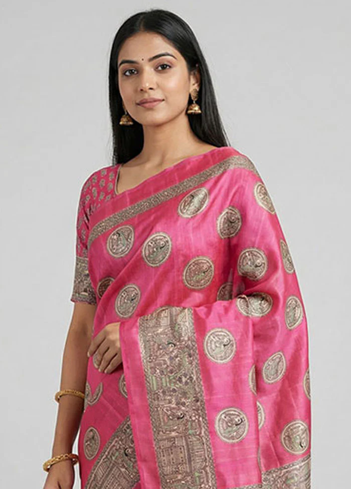 Pink Dupion Silk Saree With Blouse Piece - Image 2