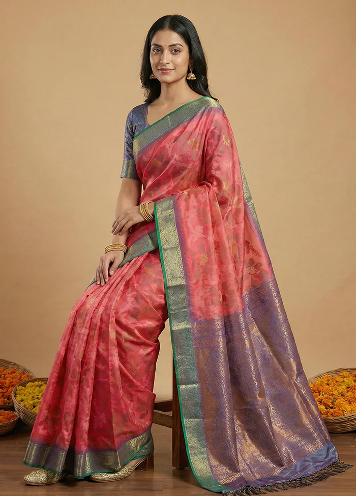 Pink Dupion Silk Saree With Blouse Piece - Image 3