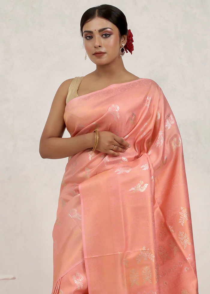 Peach Dupion Silk Saree With Blouse Piece