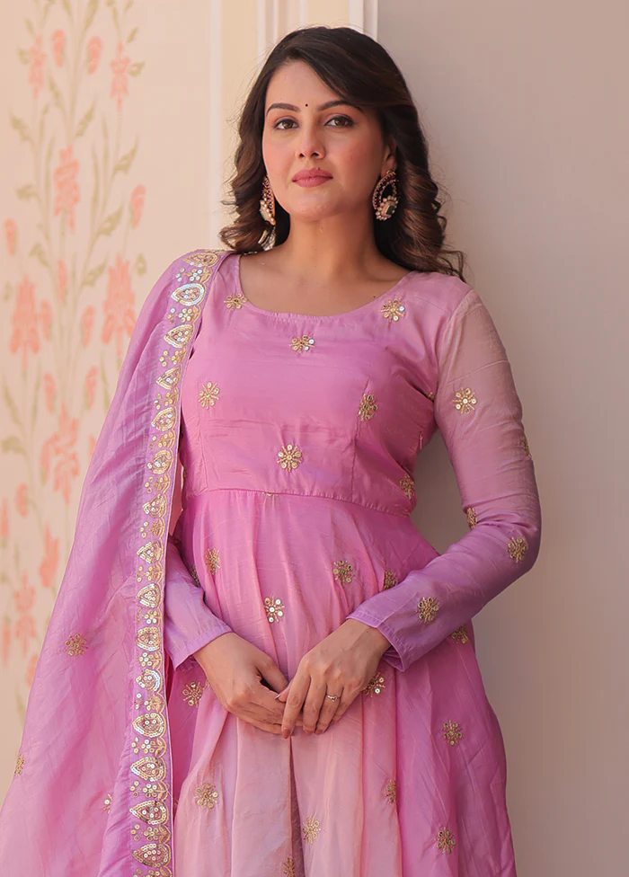 Pink Embroidery Work Organza Gown With Dupatta Set - Image 2
