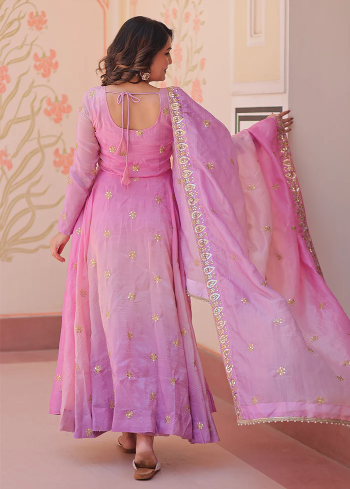 Pink Embroidery Work Organza Gown With Dupatta Set - Image 3