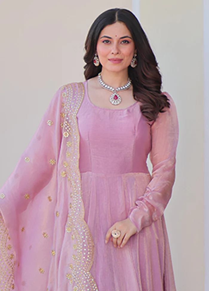Pink Embroidery Work Silk Gown With Dupatta Set - Image 2