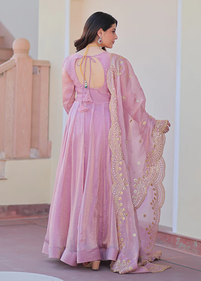 Pink Embroidery Work Silk Gown With Dupatta Set - Image 3