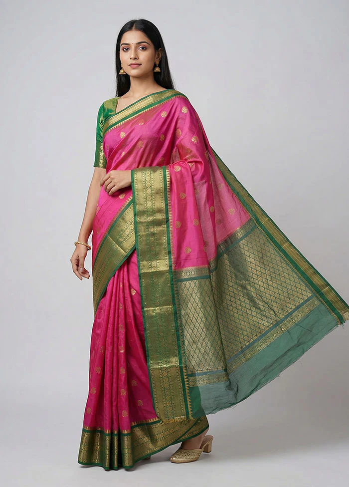 Pink Gadwal Silk Saree Without Blouse Piece
