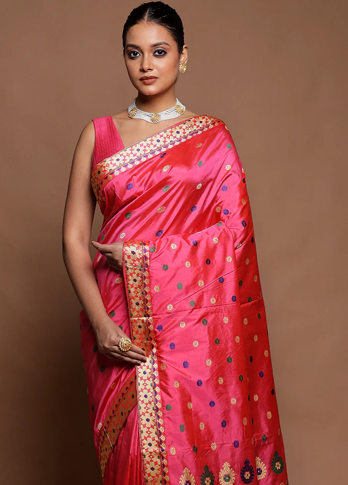 Pink Handloom Assam Pure Silk Saree With Blouse Piece - Image 2