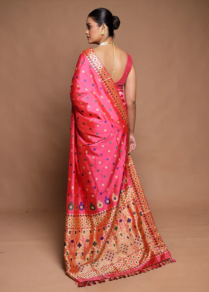 Pink Handloom Assam Pure Silk Saree With Blouse Piece - Image 3