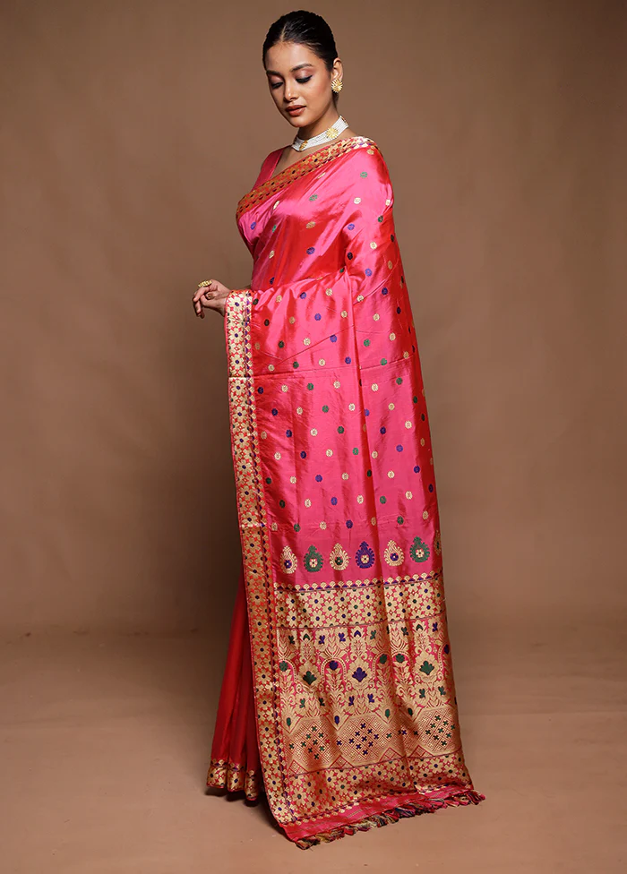 Pink Handloom Assam Pure Silk Saree With Blouse Piece - Image 4
