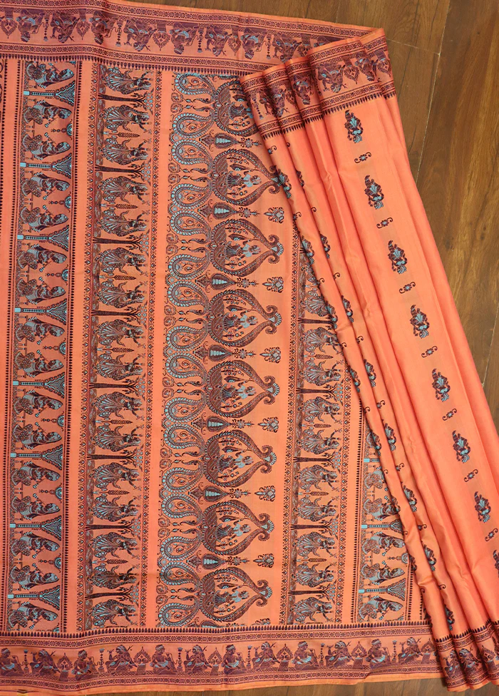 Peach Handloom Baluchari Pure Silk Saree With Blouse Piece - Image 3