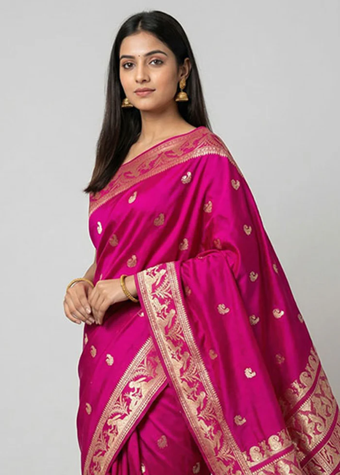 Pink Handloom Baluchari Pure Silk Saree With Blouse Piece - Image 2