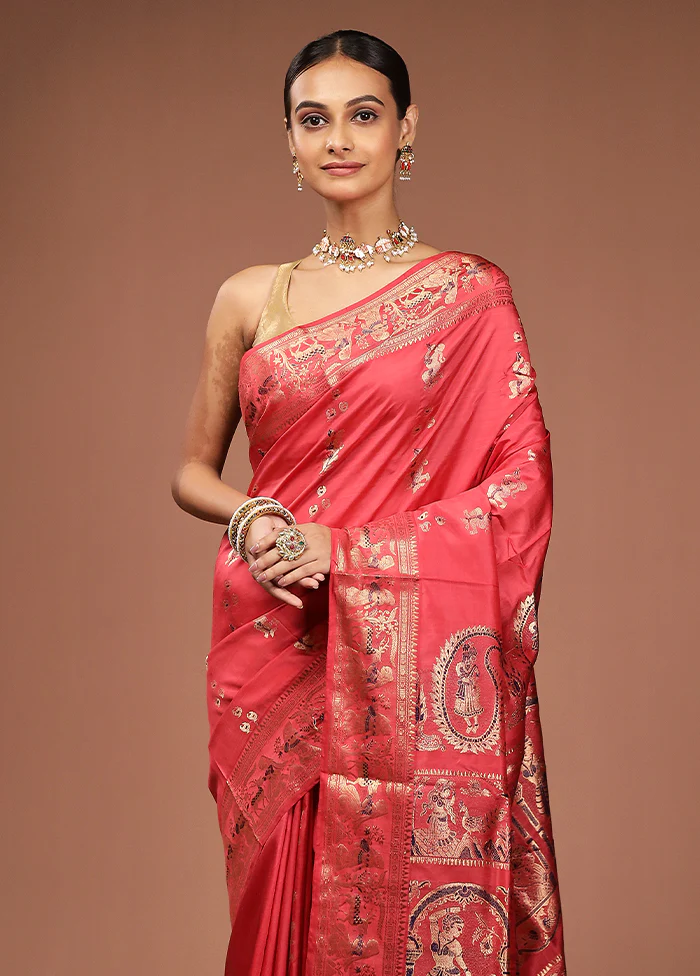 Pink Handloom Baluchari Pure Silk Saree With Blouse Piece