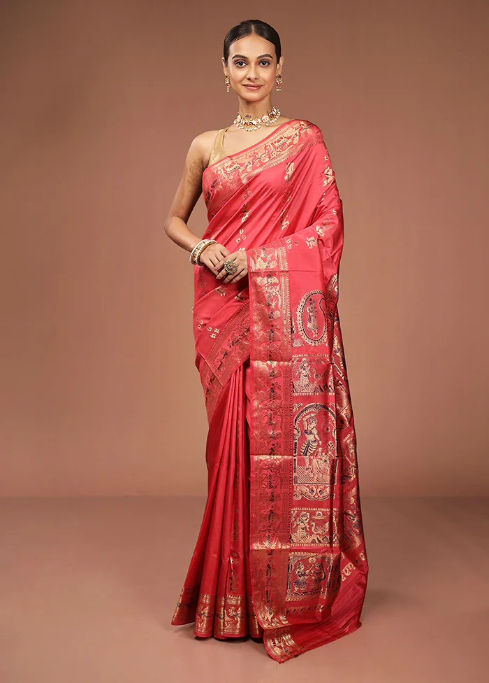 Pink Handloom Baluchari Pure Silk Saree With Blouse Piece - Image 2
