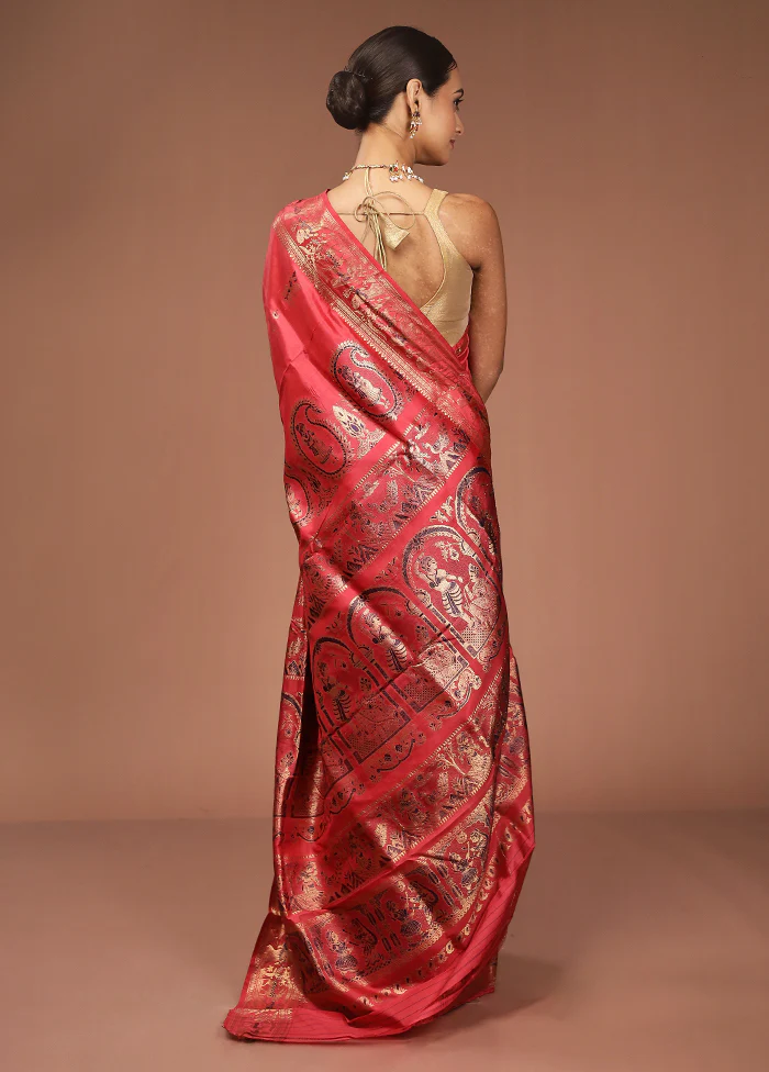 Pink Handloom Baluchari Pure Silk Saree With Blouse Piece - Image 3