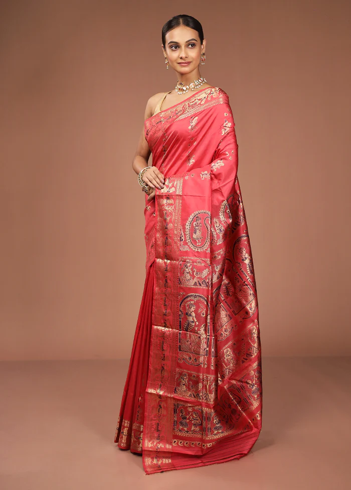 Pink Handloom Baluchari Pure Silk Saree With Blouse Piece - Image 4
