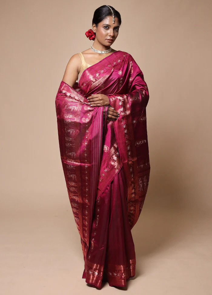 Pink Handloom Baluchari Pure Silk Saree With Blouse Piece - Image 2