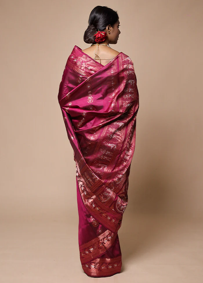 Pink Handloom Baluchari Pure Silk Saree With Blouse Piece - Image 3