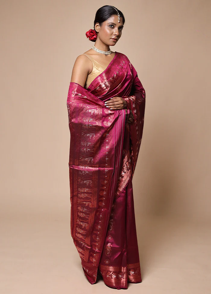 Pink Handloom Baluchari Pure Silk Saree With Blouse Piece - Image 4