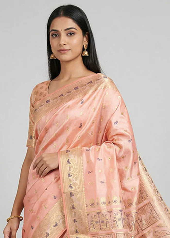 Pink Handloom Baluchari Pure Silk Saree With Blouse Piece - Image 2
