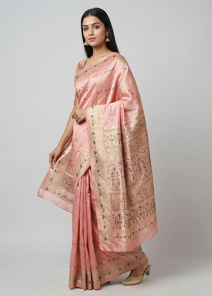 Pink Handloom Baluchari Pure Silk Saree With Blouse Piece